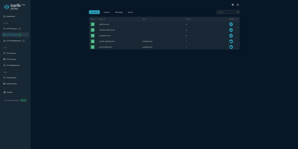 Services showing the Whoami container